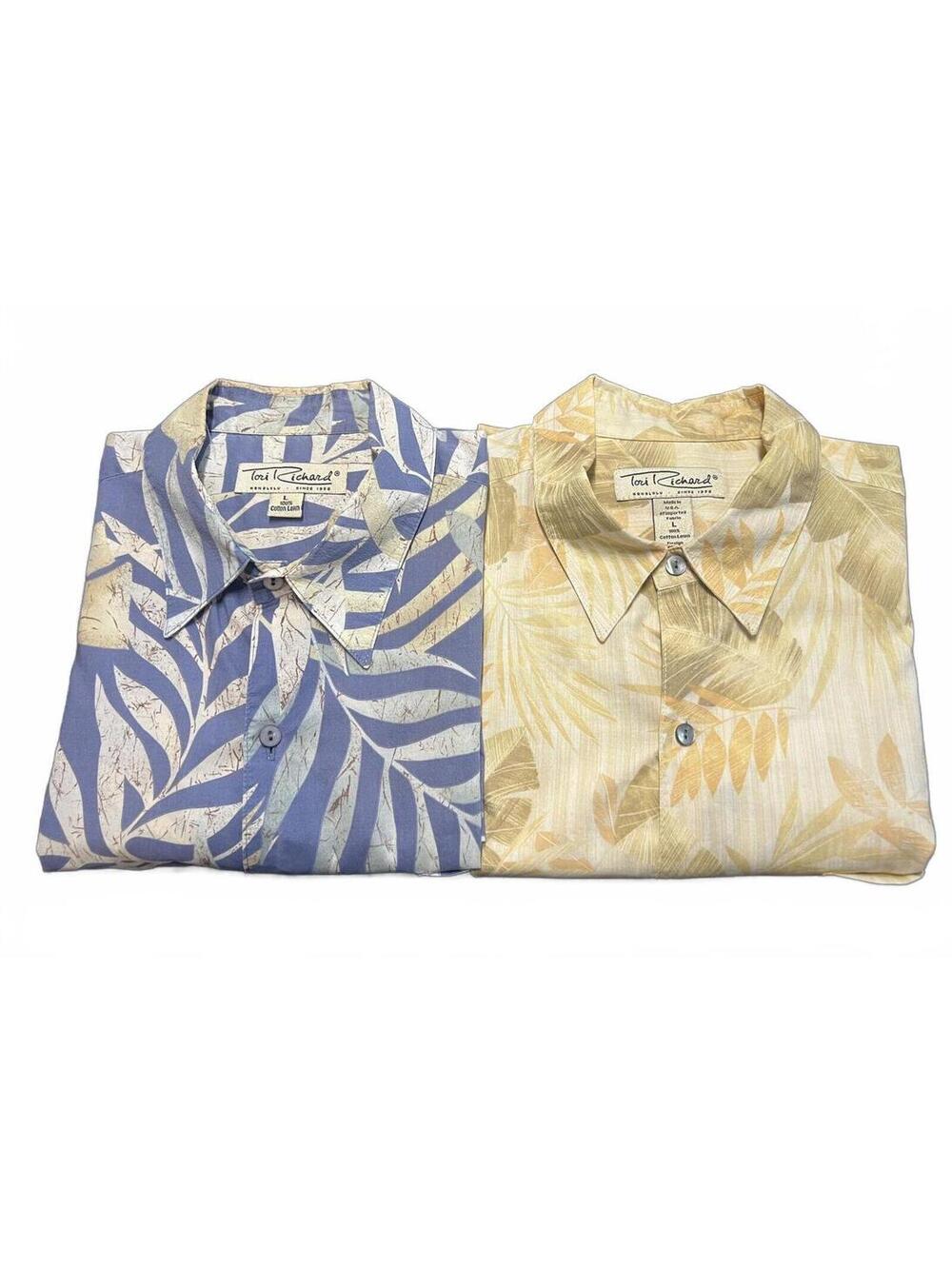 2 Tori Richard Hawaiian Shirts L Periwinkle Cotton Lawn Yellow Palm Beachy Retro